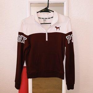 VS Pink maroon and white quarter-zip